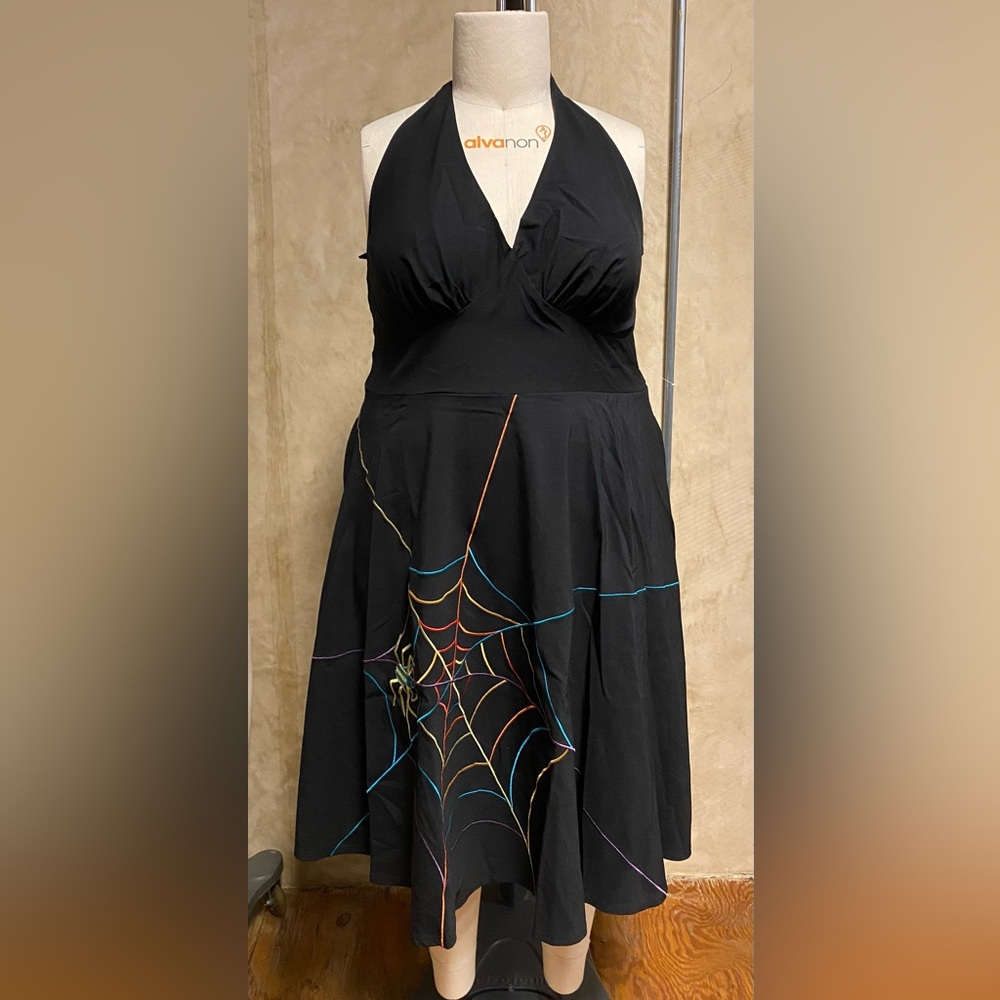Halloween Spooky Vintage Reproduction Black Halter Dress w/ SpiderWebs Pin Up